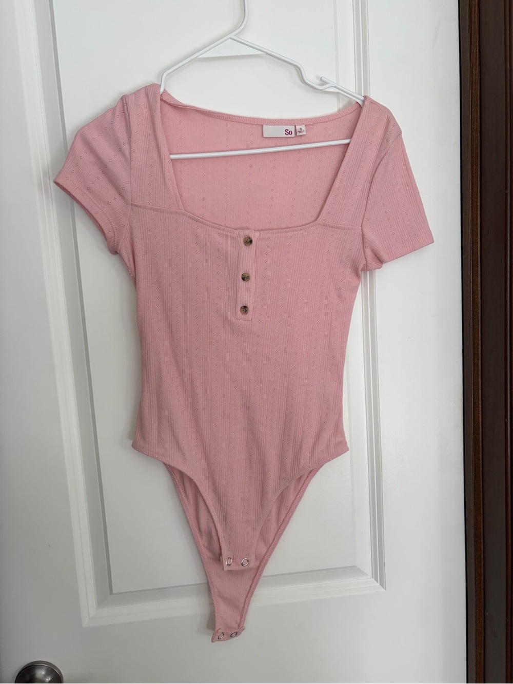SO Pink Ribbed Square-Neck Bodysuit with Button Front
